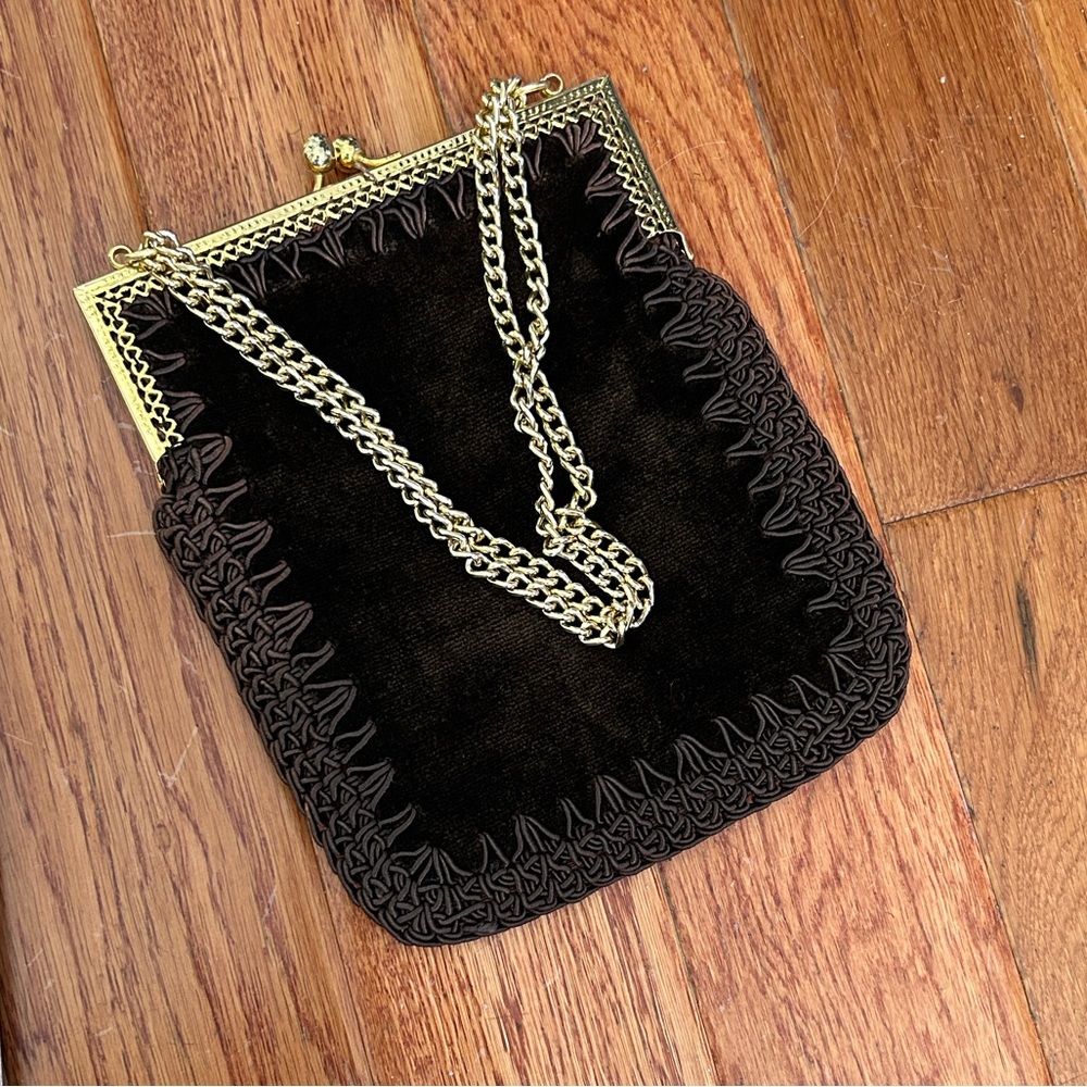 Brown Velvet Evening Clutch with Gold Frame and Chain Strap